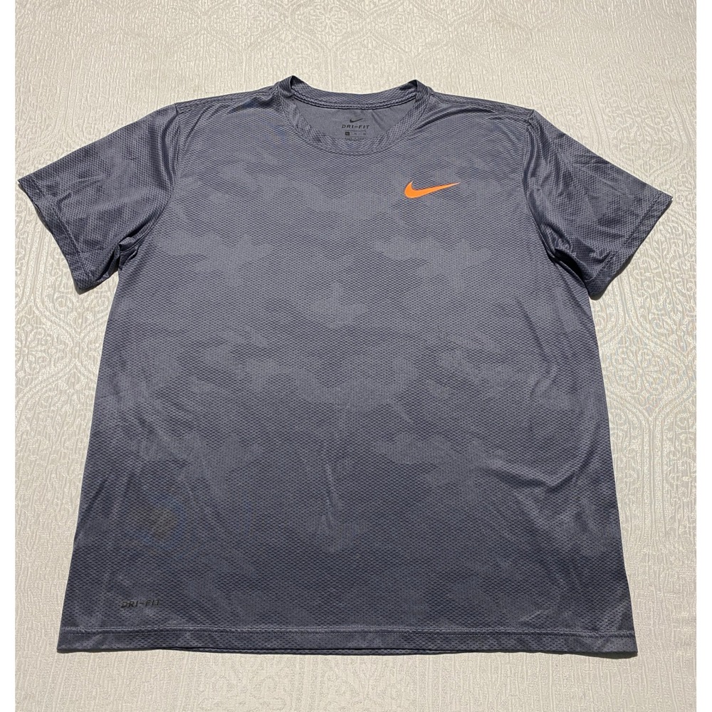 Nike Mens XL Dri-Fit Athletic Shirt Gray Orange Swoosh Short Sleeve Tee